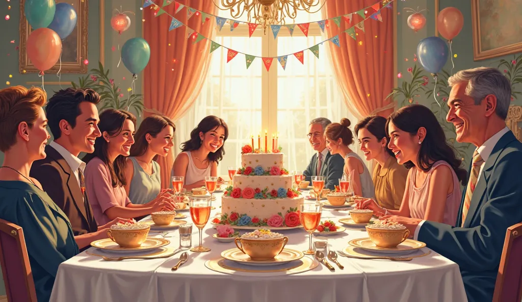  room, the room has a festively set table, at the table, celebrating a birthday,  illustration, high detail, 8 k