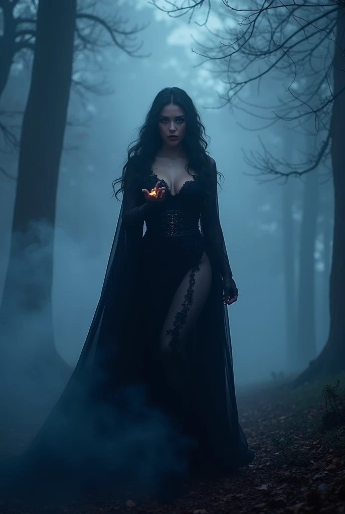 A stunningly beautiful, voluptuous sorceress steps through an eerie, mist-covered forest, her sheer black cloak barely covering her glowing curves. Her piercing eyes radiate magic as she trails her fingers through the air, leaving a shimmering wake of dark...