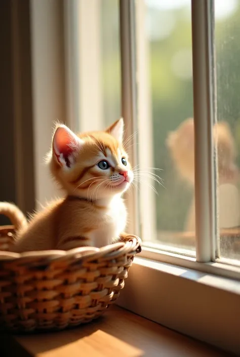 The kitten came to the basket wow and looked at herself in the window next to the basket Wow that's Who