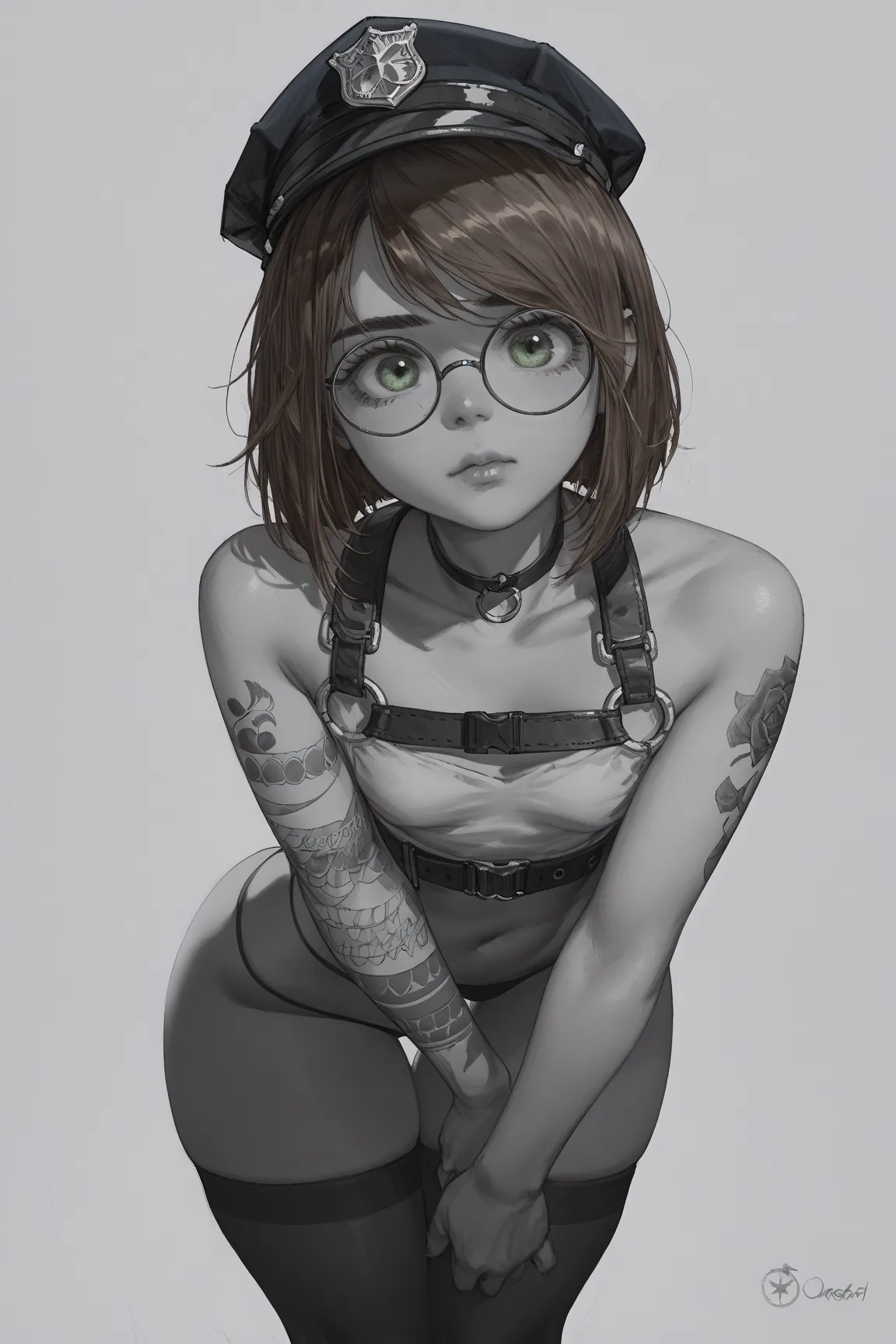 Drawing style with simple freehand pencil shading. (((Black and white))) . Young woman with blond brown hair, bob haircut straight hair , 20 years,  skinny,  not tall ,  green eyes, .  wide hips . Round glasses. Naked. sexy.  Tattooed right shoulder. sexy ...