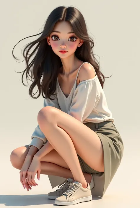 A cute girl squatting with looking straight and a skirt and long hairs and big eyes with trendy clothes 