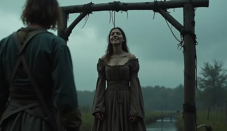 Create an image of a woman climbing the gallows in tears looking at her executioner in the face in the 18th century