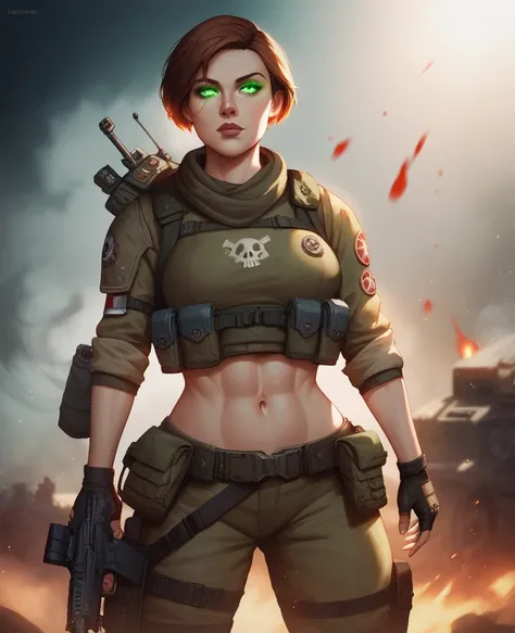 1woman, armor, assault rifle, green eyes, fingerless gloves, gloves, glowing eyes, gun, very short brown hair, strong female body, navel, bag, science fiction, alone, gears of war, gears of war universe, in a war zone, smoke, fire, light particles, ray tra...