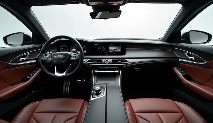 Interior Front view of cabin of 2025 Genesis G90 in Pristine showroom Black surrounded 