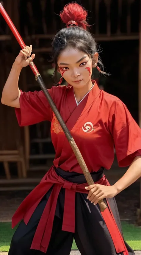 arafed woman in a red shirt and black pants holding a stick, in the style of sifu 🔥 😎 🕹️ 👀 :2, traditional tai costume, tai costume, in style of thawan duchanee, warrior face painting red, traditional, competition winning, in a menacing pose, with large sw...