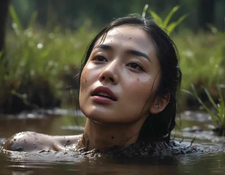 a woman's head drowned in a muddy bog, from afar view:1.0, asian facial features, orgasmic facial expression, losing control, asphyxia:1.2, (best quality,4k,8k,highres,masterpiece:1.2),ultra-detailed,(realistic,photorealistic,photo-realistic:1.37),HDR,UHD,...