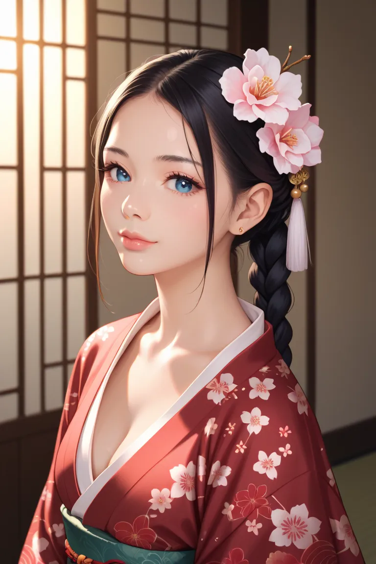 sexy girl (age 29, almond-shaped dark brown eyes, with black straight hair, long black hair, with light waves, gathered in a large braid, graceful, but with expressive feminine forms, Japanese kimono)