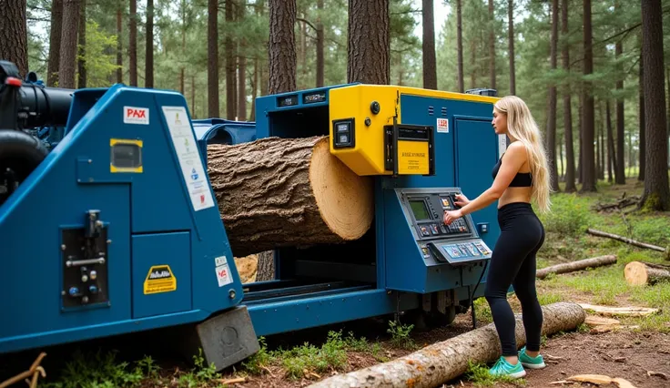 A high-tech industrial log debarking machine, painted in blue and yellow, operating in a dense forest with tall pine trees. A freshly cut log is being processed inside the machine, with visible rotating blades and control panels with digital screens. A fit...