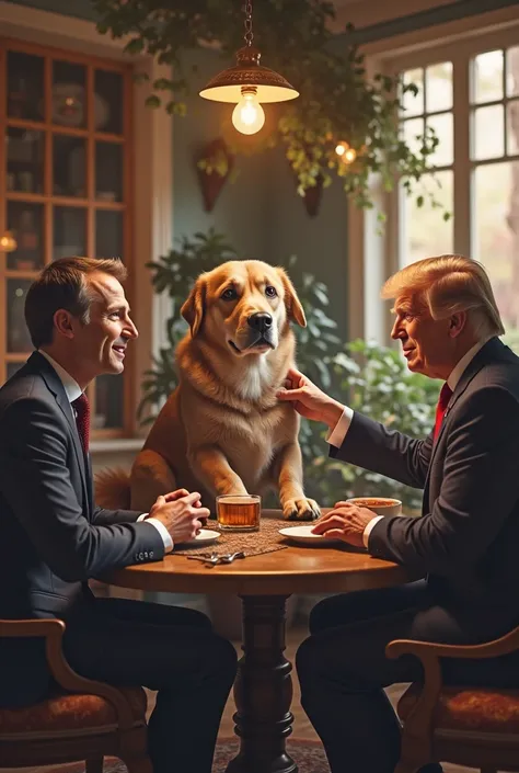 A dog, On all four legs and whose head is Macron's, est caressée par Trump 