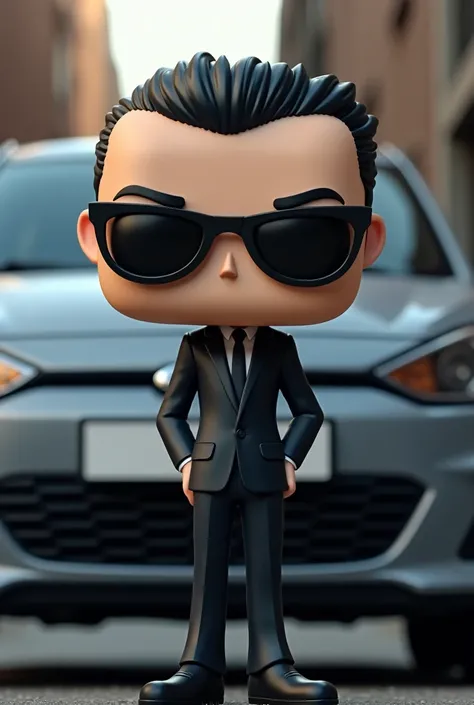 Create funko pop, thin man,  with black lenses, Hyundai i10 2018, color gris.