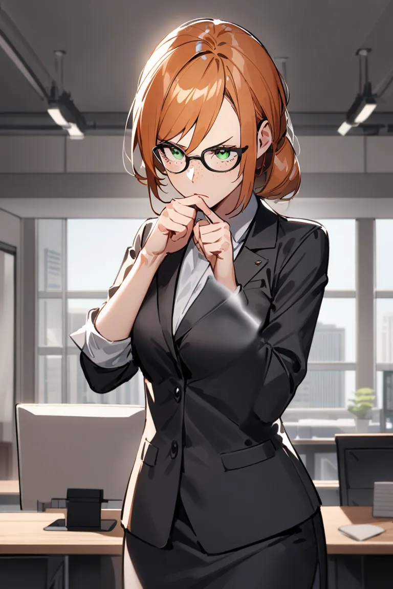 (1 woman) (alone) (conservatively dressed) mature slender dressed in conservative office clothing, mature, business, freckles, ginger hair, glasses, serious, architect, green eyes, wiping spit off her face, rolled up sleaves