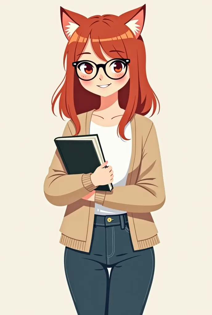 A woman with physical size: moderate,  Balanced proportions .
Hair: red-haired, with a vibrant tone , Can be smooth or slightly wavy ,  falling on the shoulders .
glasses:  BLACK frame , classic and modern, that matches the casual style.
clothing: Casual, ...