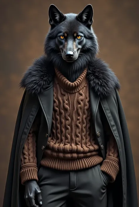 An anthro male black wolf, prince, dressed woth a jumper and trousers, 