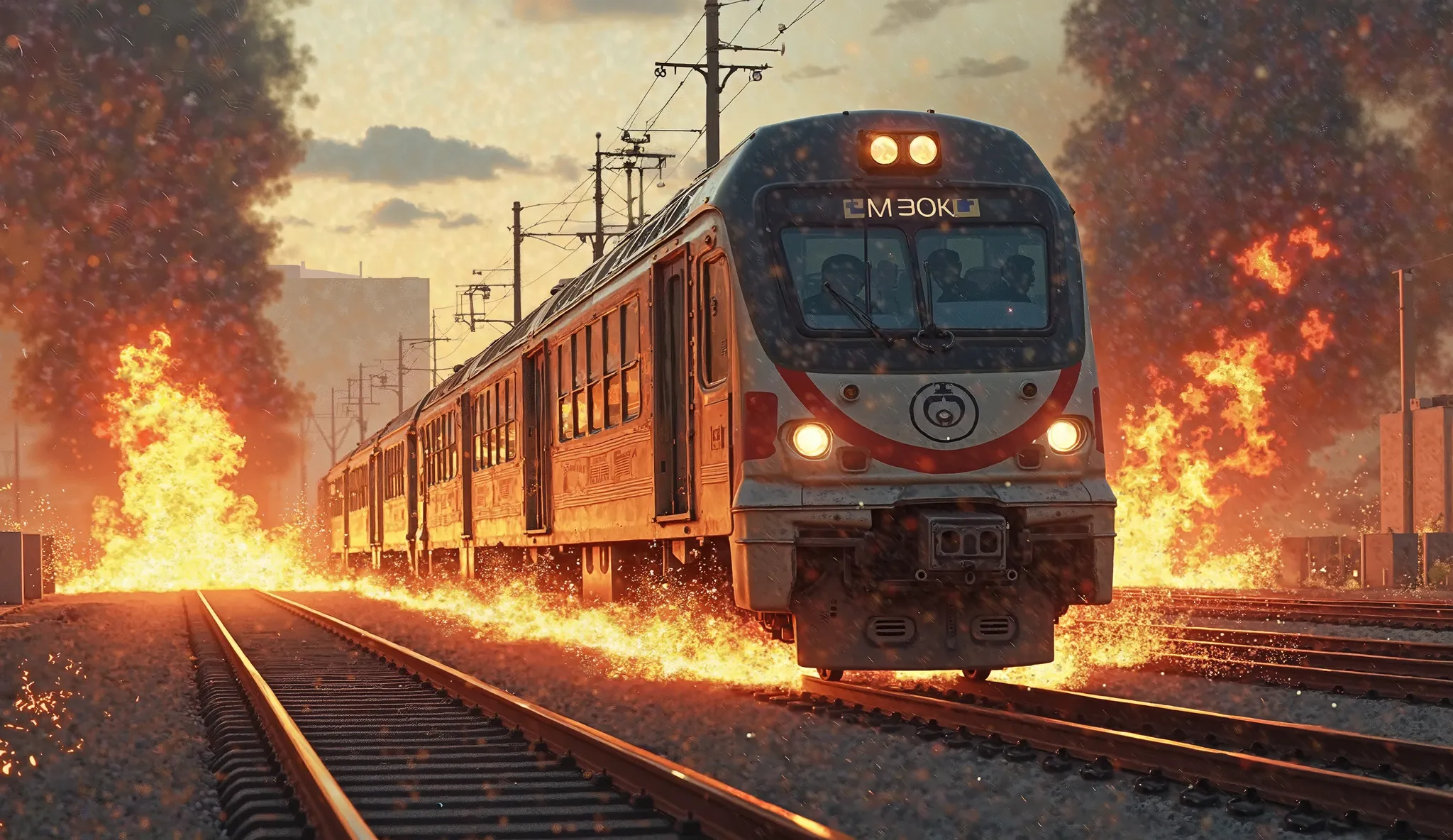 The Los Angeles Metrolink braking dangerously close to crashing. Make it dangerous and add fire to the road