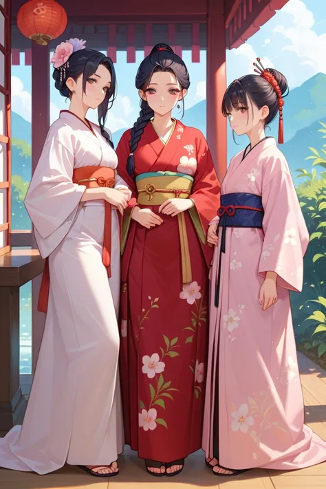 one sexy female character (age 29, almond-shaped dark eyes, japanese hairdo, black straight hair, long black hair, with light waves, gathered in a large braid, graceful, but with expressive feminine forms, sexy silk violet kimono) standing, full height