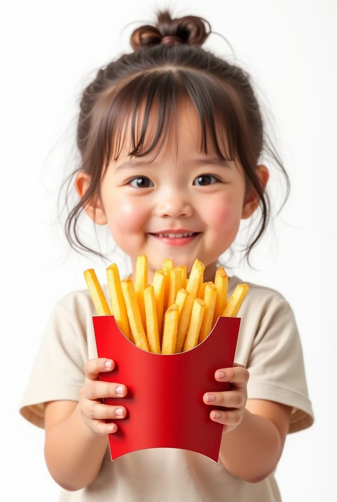 girl holds a package of french fries on a white background