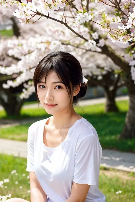 「A 35 year old cute Japanese woman。has dark hair up to her shoulders blowing in the wind、Has a slightly sexy expression on her face。She has small breasts、Wears a white T-shirt and miniskirt casually。At the spring park、She sits under cherry blossoms in full...