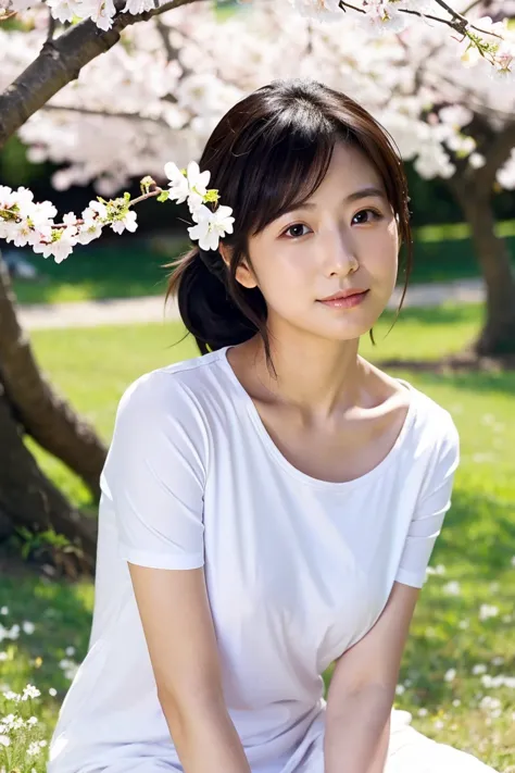 「A 35 year old cute Japanese woman。has dark hair up to her shoulders blowing in the wind、Has a slightly sexy expression on her face。She has small breasts、Wears a white T-shirt and miniskirt casually。At the spring park、She sits under cherry blossoms in full...