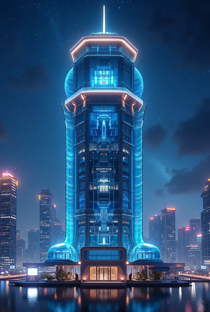 a futuristic lighthouse, Luminescence, has a unique shape, starry night, The octagonal glass tower, in a futuristic cityscape, Dramatic Lighting, an otherworldly atmosphere, exquisite architectural details,  neon, cinematic composition,  soft tones , surre...