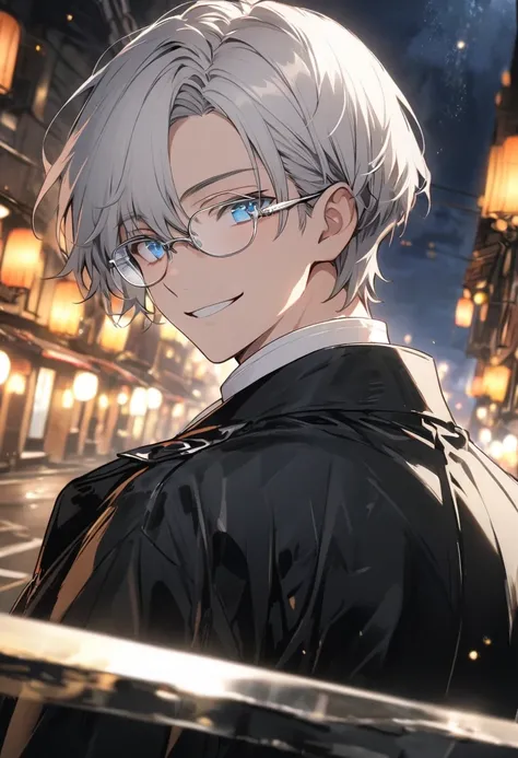   handsome,  alone, 1 male, Short Hair,  Silver Hair， blue eyes， White Shirts, Long Sleeve，smile，handsome,silver colored glasses, night view, black coat 