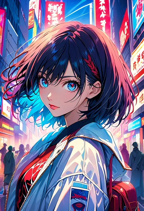 ( masterpiece, exhaustive,high resolution:1.4) ,  model shot , close-up,  exhaustive face, fine  exhaustive eyes,, (Kirishima toka),Blue middle hair,Ghoul's Eye , retro jacket,Tokyo Ghoul, Retrofuturistic Backgrounds,  bright colors, high resolution,, ,