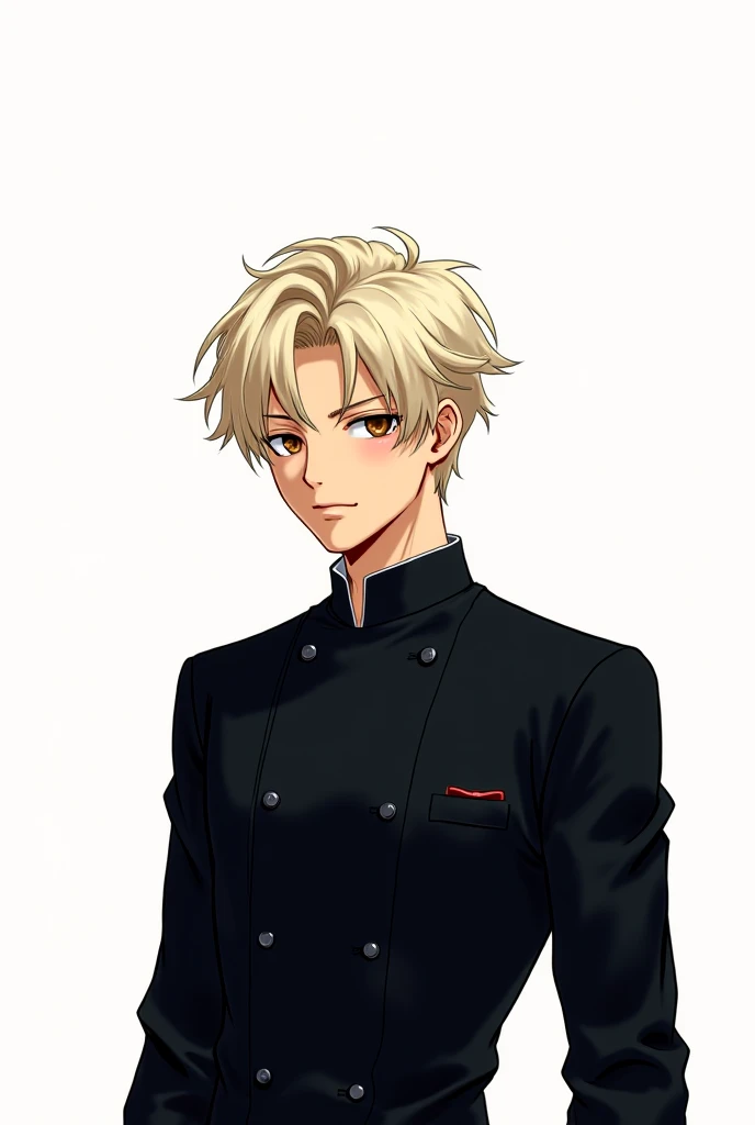 Make a manga cover with a withe blond elegant hair chef boy with brown eyes and in a black chef jacket with the bleach anime drawing style, the background is withe and the manga title is: The Chef