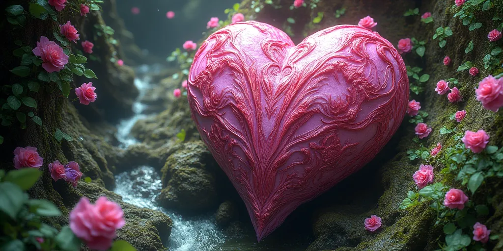 A pink heart shaped jewelry box with roses and a frame , in a pink and purple magical forest with a river, bold and slim lines, brush strokes