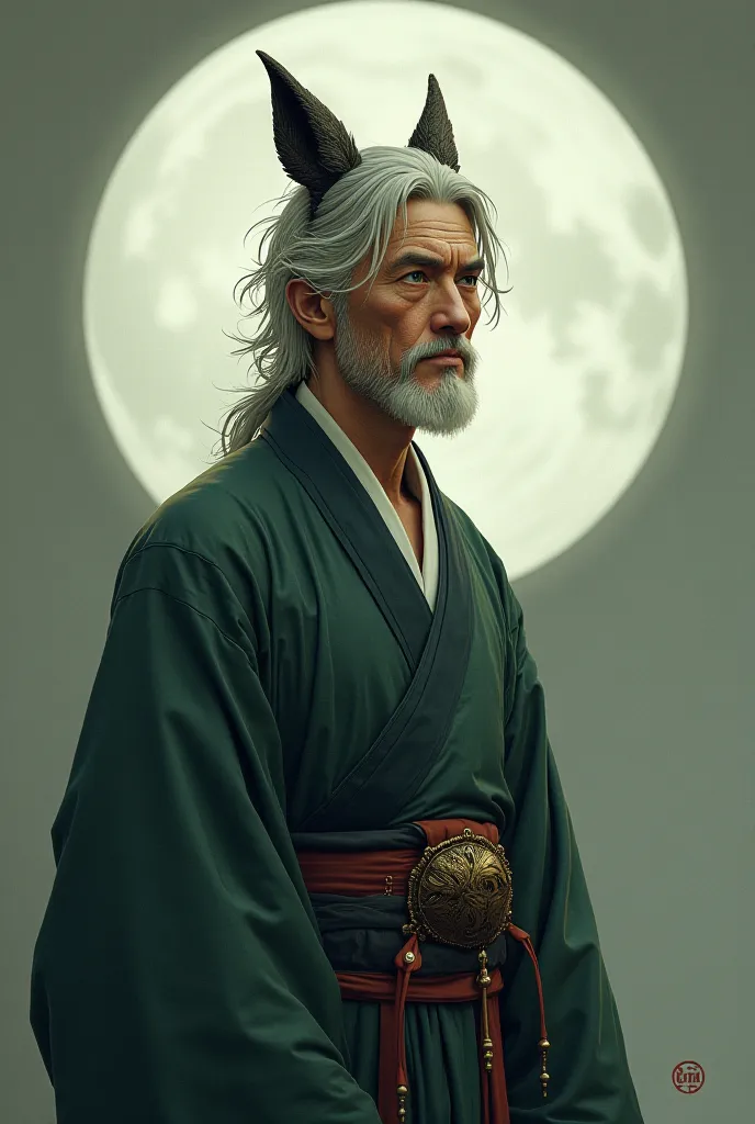 white gray hair,Joseon clothes,If the moon on the head is a fox mask,Light green eyes,male