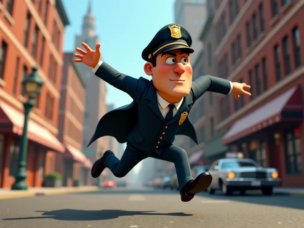 The Commissioner Gordon, in his police uniform, jumps rapidly and saves the mayor and falls down by shooting himself. People shout, policemen run away and run towards him. Gordon is lying on the land, he,3D cartoon animation