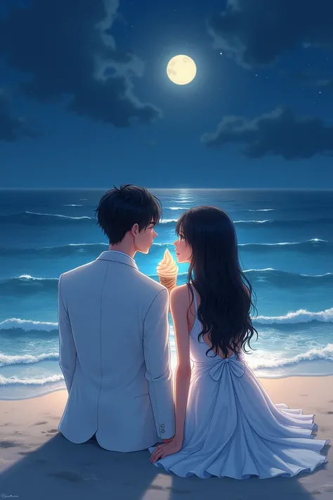 On their wedding night, the couple sits on the cool sand, side by side. The groom, dressed in a crisp white suit, and his bride, glowing in her long white gown, watch the waves shimmer under the moonlight. The night is quiet, the ocean humming a soft melod...