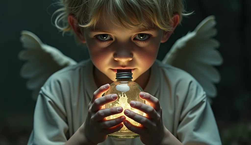 An innocent-looking blond boy holding a bottle with a small animal inside, watching with morbid curiosity.