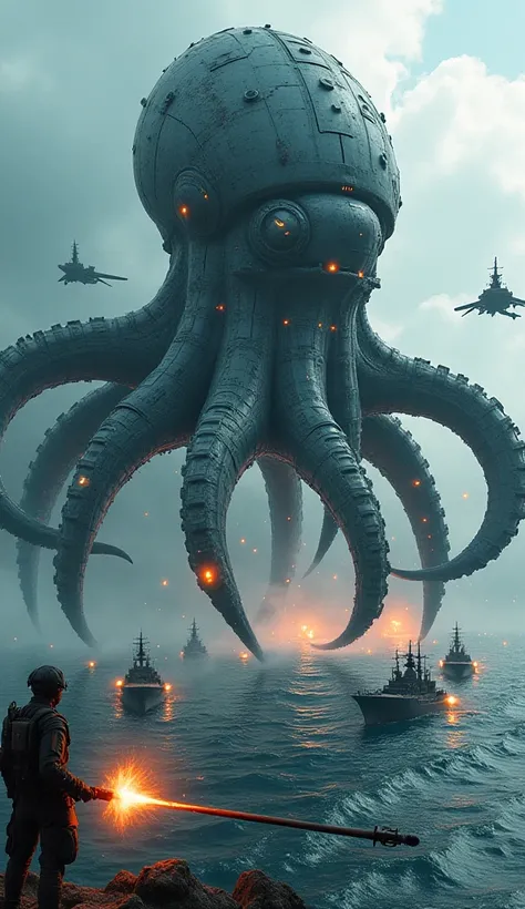 colossal cybernetic octopus, its metallic tentacles bristling with high-tech weaponry, emerges from the depths of a war-torn ocean battlefield. Missiles launch from hidden compartments, and laser cannons glow ominously as it engages in a fierce naval battl...