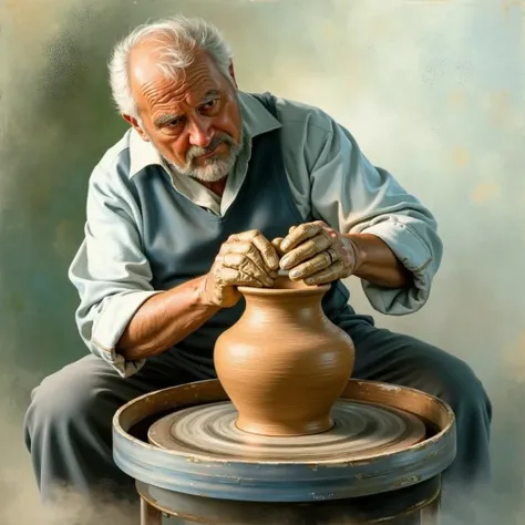 A potter's hand, In his studio , qui fabrique des Humains grandeur nature en argile 