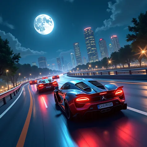 sports racing with others sports car in night