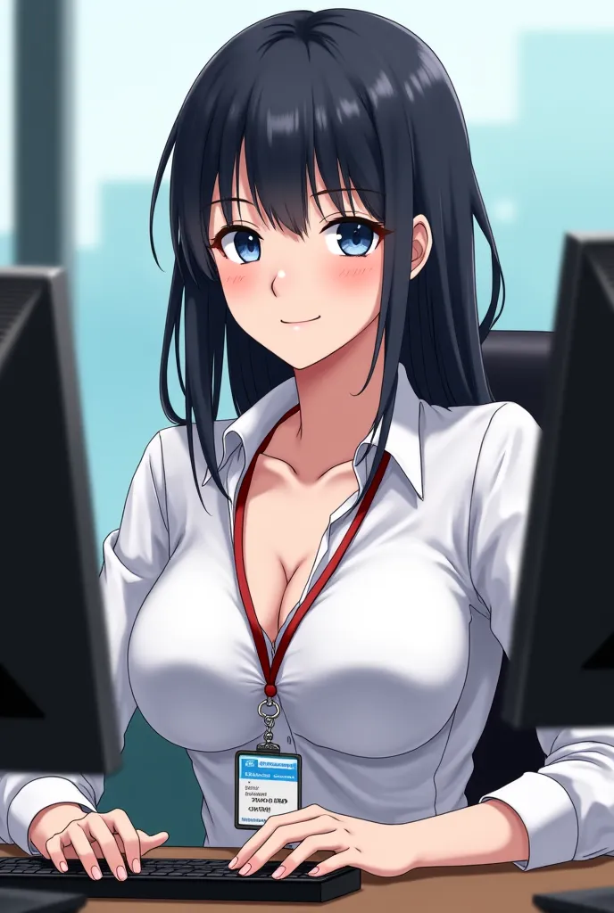 An elegant-looking mature office worker, dressed in a, white shirt unbuttoned around the neck, with her identification card hanging around her neck, black hair and blue eyes, is sitting in front of her computer monitor absorbing her work with her breasts o...