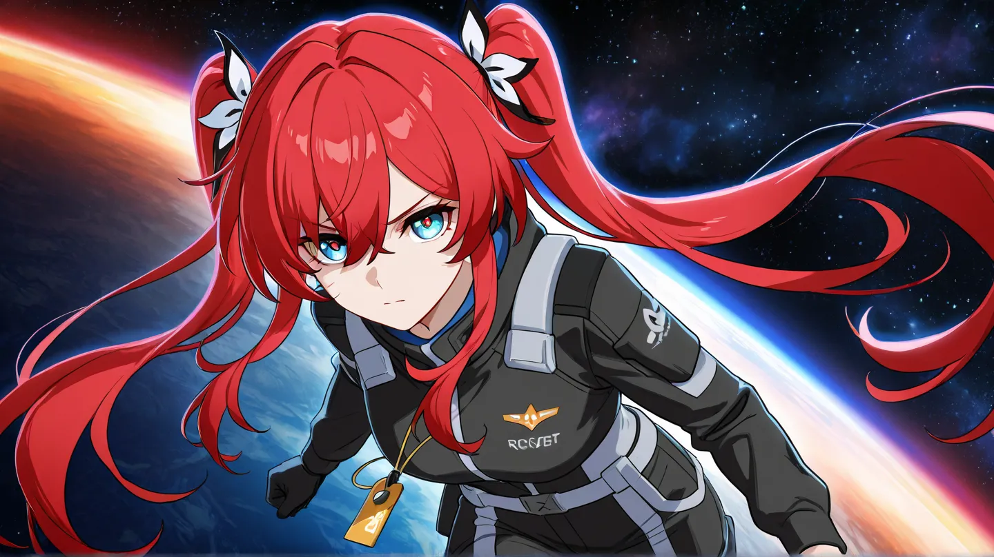 (masterpiece, best quality:1.2), highly detailed, 1girl ,  red hair , hair style is twintail  , gundam pilot outfit , space  , honkai star rail , aggressive at viewer , battle  