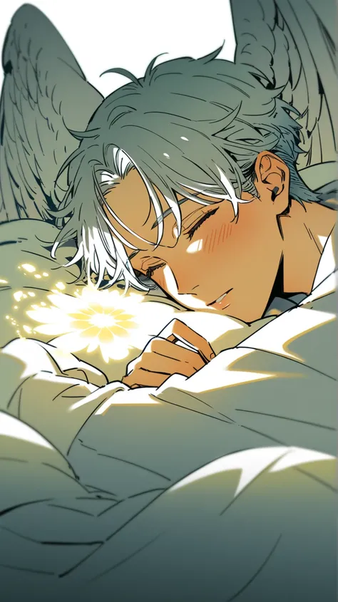 Young man, eyes closed, blush, bangs, oversized shirt, tail, white hair, curled up, sleeping, clutching blanket, innocent, angel, white wings, feathers