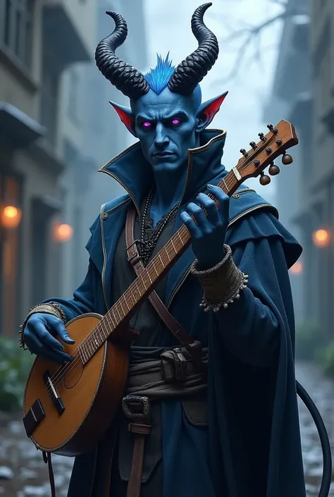  handsome man,  with horns, with tail,  blue skin ,  purple eyes, Carrying a lute, Wearing an old coat, rpg, d&d