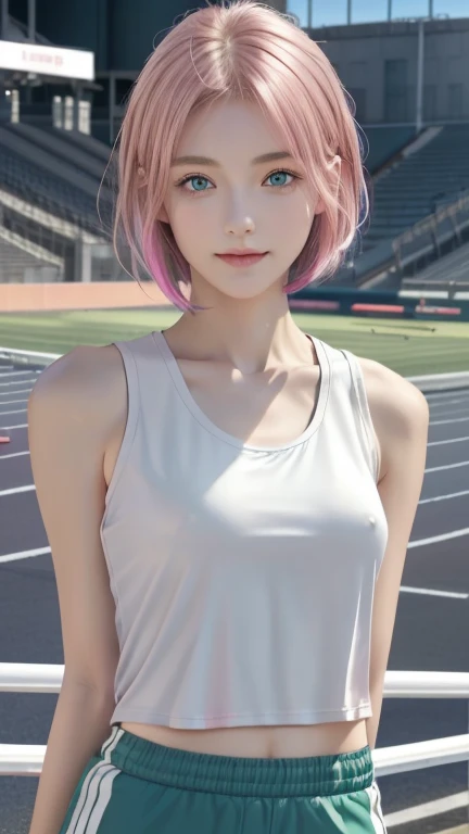 Non-NSFW、Genuine、(Highest quality), ( masterpiece)、 Ultra High Definition 、RAW photo, ( upper body), (Athletics track:1.5),  fantasy、look at the camera and put、 alone、(Elemental Sylph:1.1), A beautiful spirit、Super Beauty, (Pink dyed hair) (immature:1.2), ...