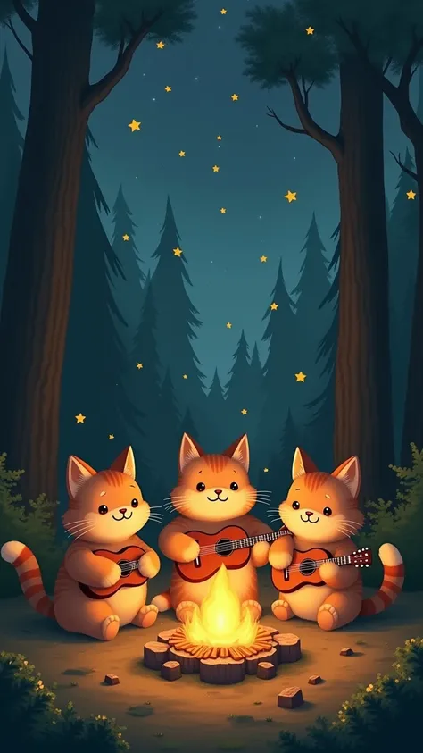 The oyen cat is camping in the woods,  With friends , sitting in front of a campfire, singing along, one of the themes is playing the guitar,