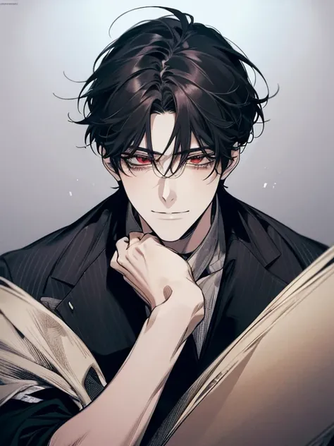 Alone, anime cartoon of a man with black hair and red eyes, clean anime sketches, prayer position,  side fringe,  medium hair length, anime portrait of a handsome man, male anime style, ironic facial smile 