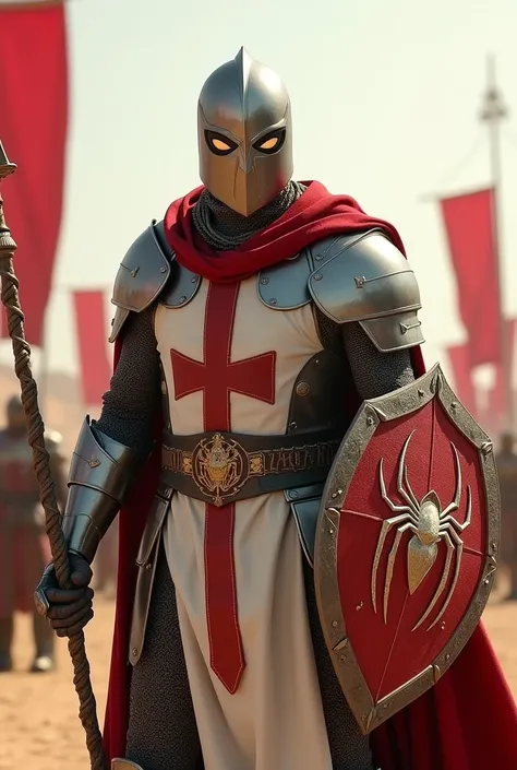 Spider-Man as a medieval Templar knight, wearing white and crimson tabard over polished chainmail armor, a steel helmet with a narrow spider-eye slit, a shield engraved with a golden spider emblem, standing in a desert battlefield with banners waving in th...