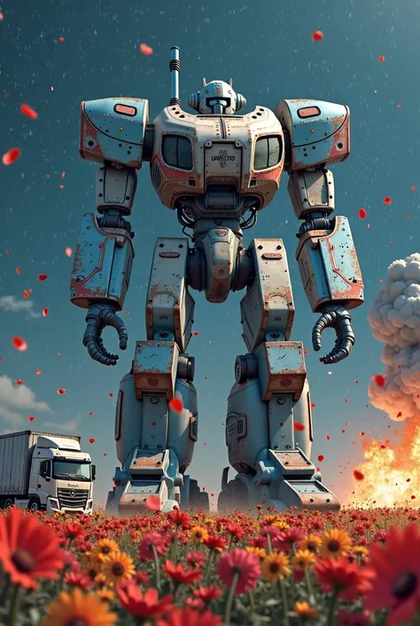 A giant robot  making destruction ,in the colors of blue and white ,with a metal inscription "LIBRELATO" destroying  ,ripping out flowers from a field of flowers ,  with red petals and yellow bottom, realistic features. Trucks scattered throughout  the nig...