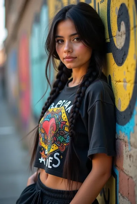 27 years old, cute beautiful Arabian mix rusia girl, oval face, big sexy body plump big breast, (crop top), Steel black hair, hair in loose braids, comic patterned shirt, written with the letters " Aries", oversized jogger pants, leaning against the wall, ...