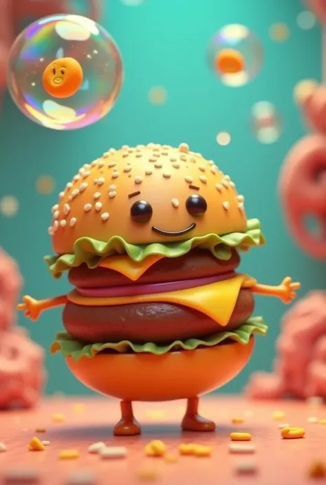 Make an animated image of a hamburger that has a body with a waist and large bubbles 