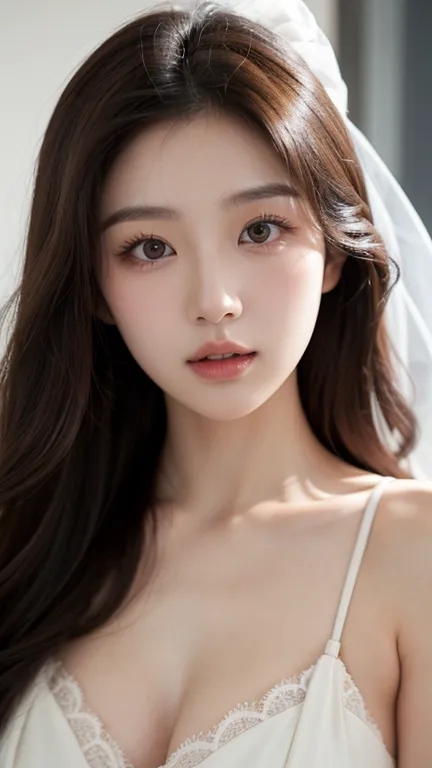 A 23-year-old Korean woman from the front, with long wavy chocolate brown hair and expressive, dreamy honey eyes and independent, Sensitive, fair and delicate skin with an ethereal glow.
