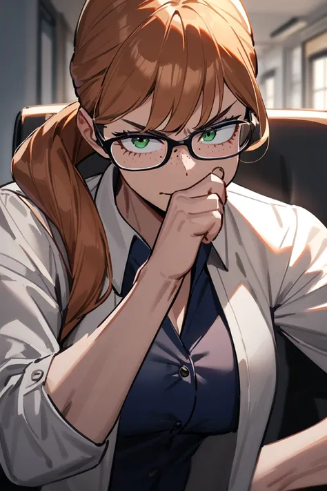 (1 woman) (alone) (conservatively dressed) mature slender dressed in conservative office clothing, blue button up shirt, mature, business, freckles, ginger hair, glasses, serious, architect, green eyes, angry, tough, wiping spit off her face, architect, lo...