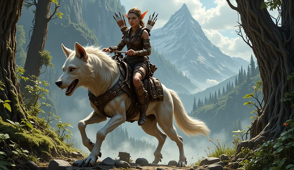 Elf riding a wolf, mtg style