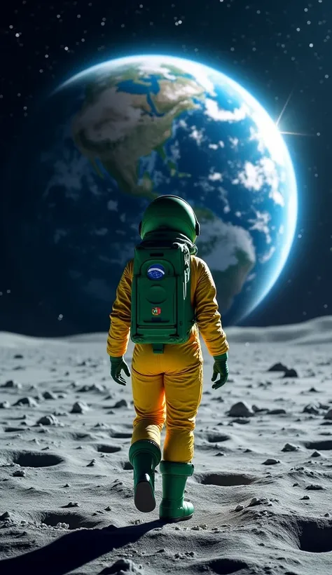 A Brazilian female astronaut in a green and yellow space suit walks on the surface of the Moon, ((centralized)), looking at the Earth in the background .  The Earth appears large in the sky ,  with vibrant blue and white details ,  broadcast program illumi...