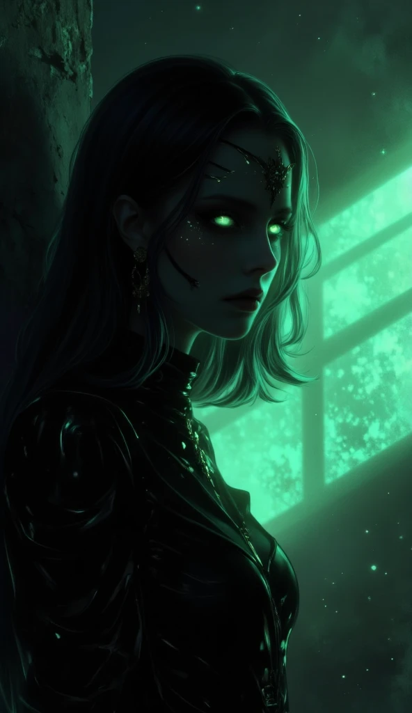 fantasy art, goth art, there is a dark shadow of a woman on the wall, the shadow has green eyes, glowing eyes, invert color